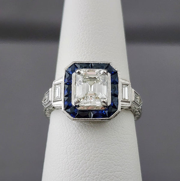 1.79ct Emerald Cut Diamond and Sapphire Ring