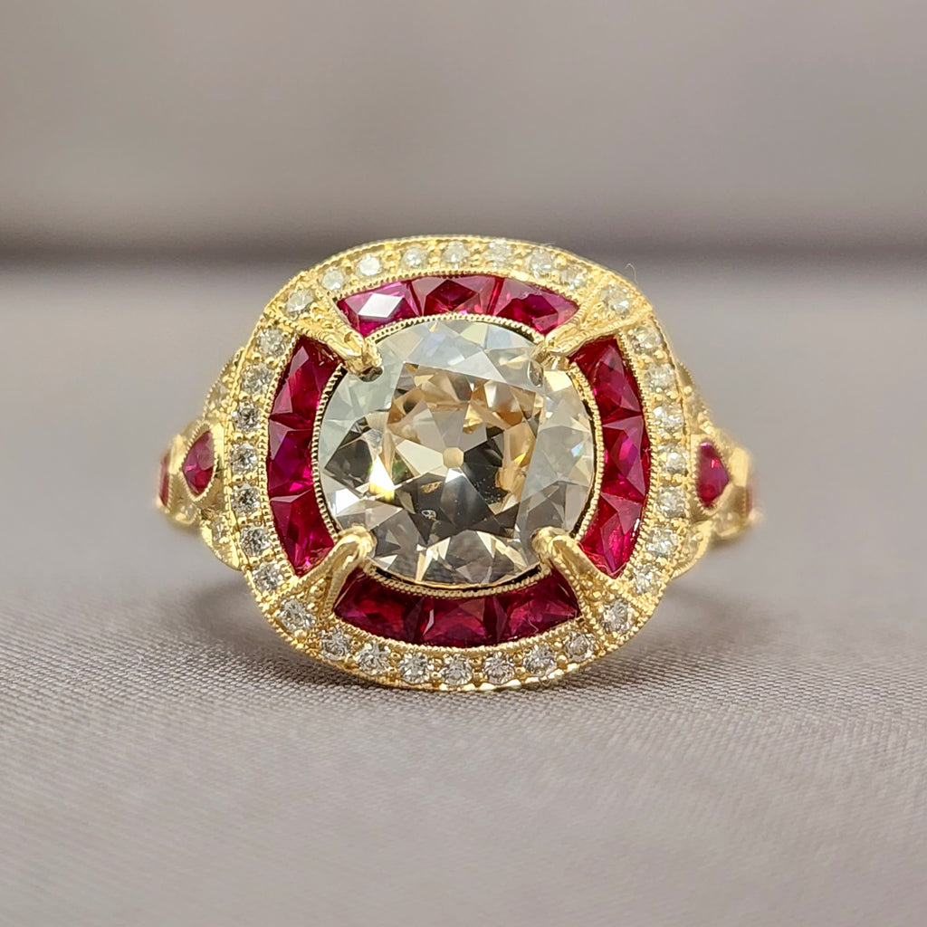 1.77ct Old Round Antique Cut Diamond and Ruby Ring