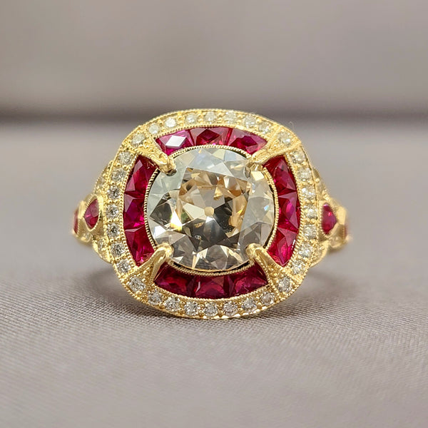 1.77ct Old Round Antique Cut Diamond and Ruby Ring