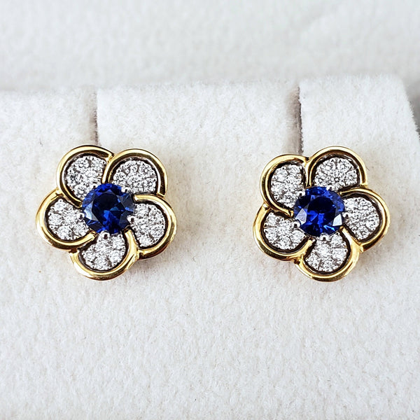 Sapphire & Diamond Flower Stud Earrings