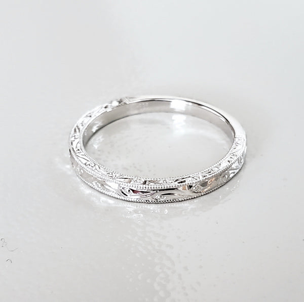 Hand Engraved White Gold Band