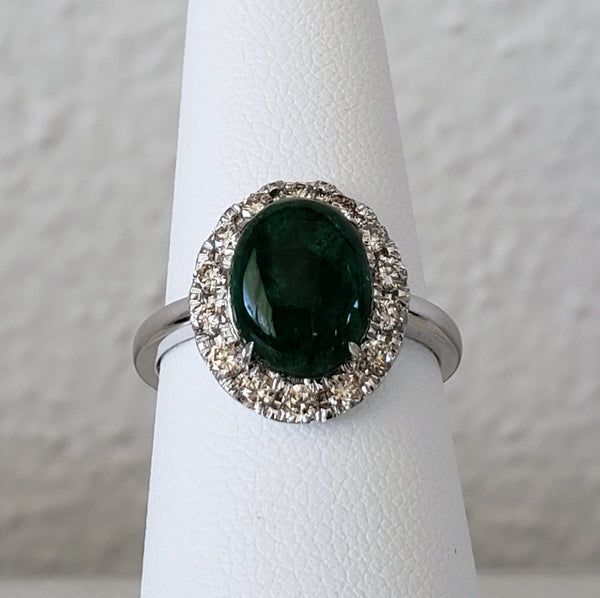 Oval Cabochon Emerald & Diamond Ring