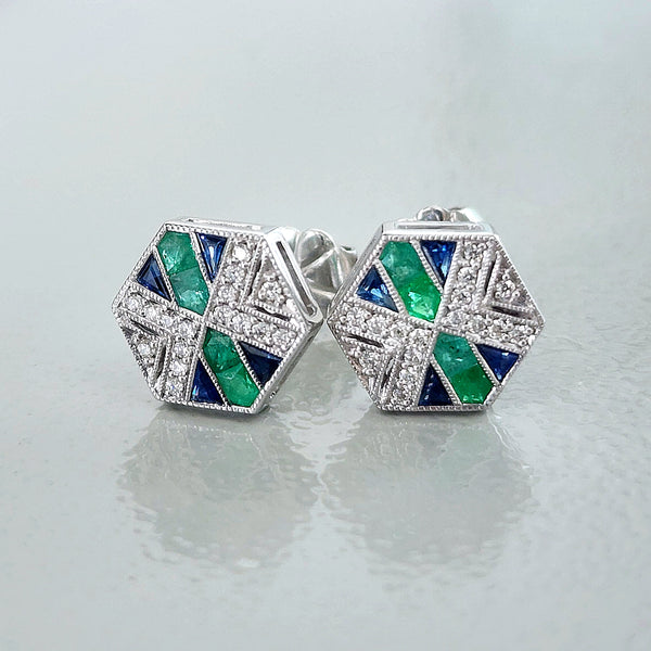 Emerald & Sapphire & Diamond Stud Earrings